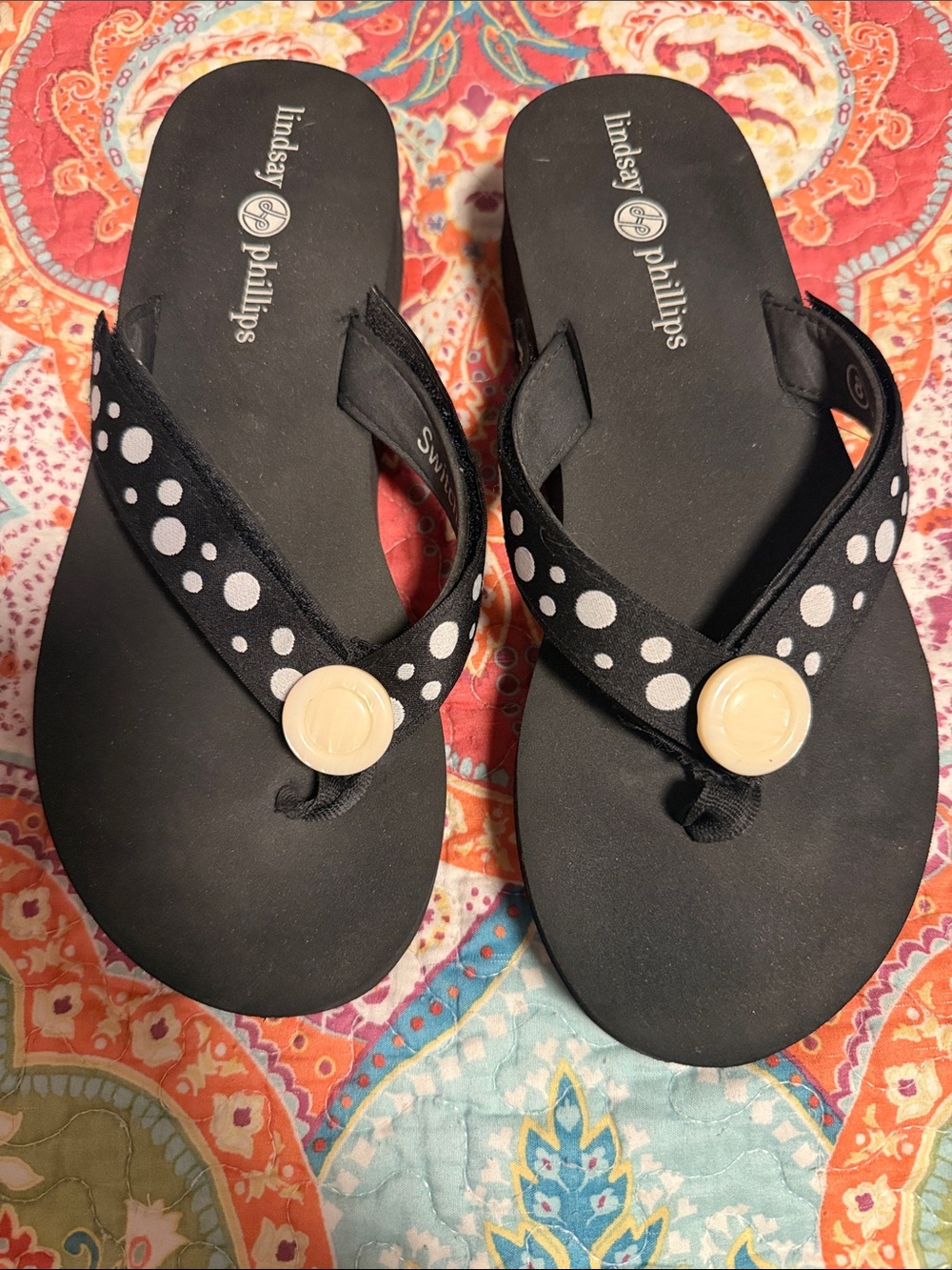 lindsay phillips Black Flip Flop Sandals with White Polka-Dot Straps